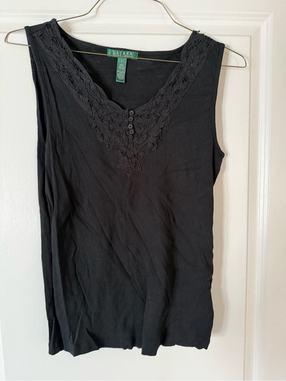 Lauren Ralph Lauren Black Lace-Trim V-Neck Sleeveless Tank